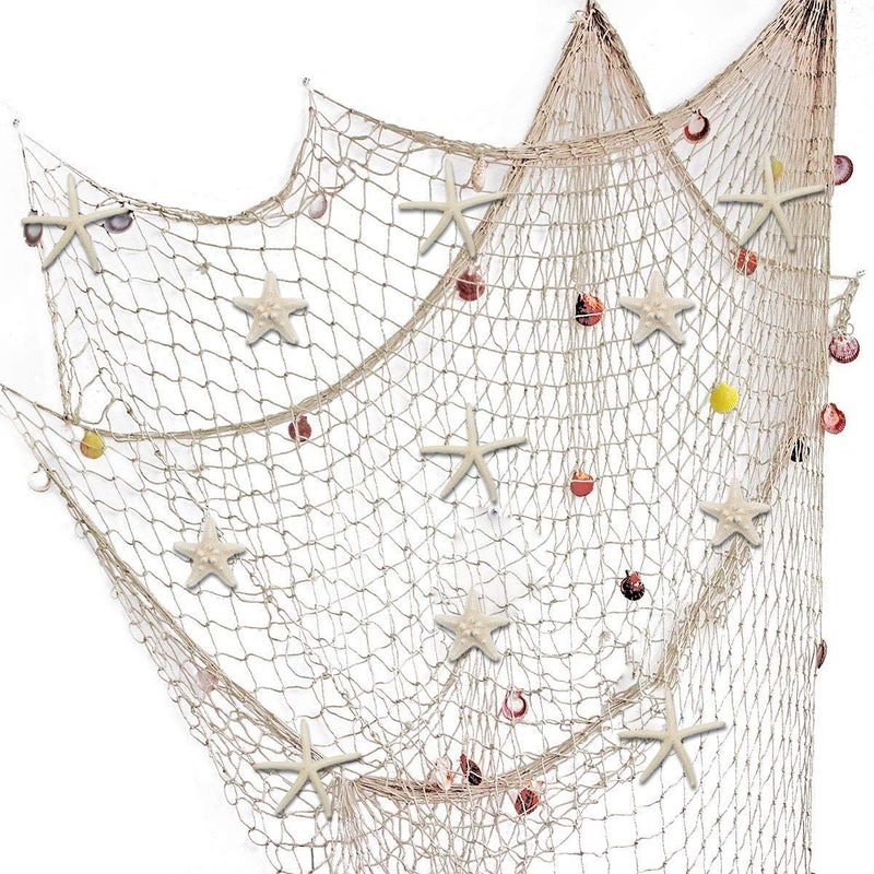 Fangoo 79 x 59 inch Nature Fish Net Wall Decoration with Colorful Sea Shells and 10 Pcs Natural Starfish Ocean Themed Mediterranean Style Fishing Net for Beach Party,Wedding,photography Wall Decoration - Image 1